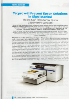Tecpro, Tekstil Teknoloji Dergisi Ağustos 2016 / Tecpro SIGN İstanbul"da Epson Çözümlerini Sunacak