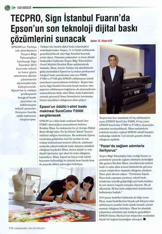 Tecpro, Matbaa Haber Dergisi Eylül 2014 / Tecpro, SIGN İstanbul Fuarın"da Epson"un Son Teknoloji Dijital Baskı Çözümlerini Sunacak