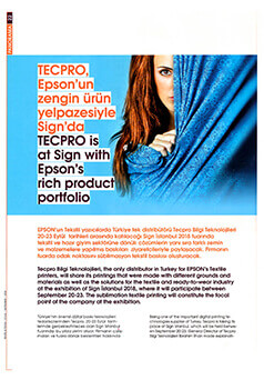 Tecpro, Tekstil Teknik Dergisi Eylül 2018 / TECPRO EPSON'un Zengin Ürün Yelpazesiyle Sign'da